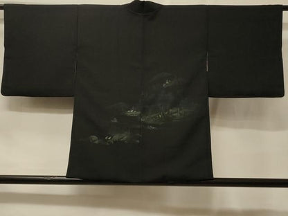 平和屋着物＃羽織　寿光織　人物風景文　黒地　金糸　正絹　逸品　未使用　CABF1496in