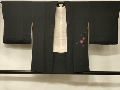 平和屋着物＃羽織　総刺繍　草花文　黒地　正絹　逸品　CABF1498in