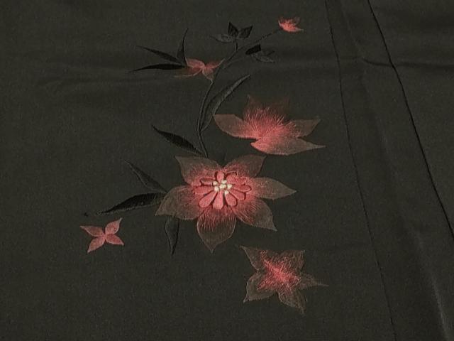 平和屋着物＃羽織　総刺繍　草花文　黒地　正絹　逸品　CABF1498in