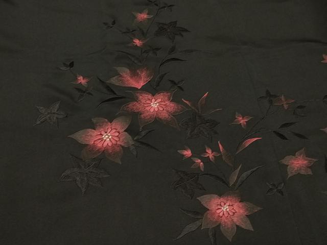 平和屋着物＃羽織　総刺繍　草花文　黒地　正絹　逸品　CABF1498in