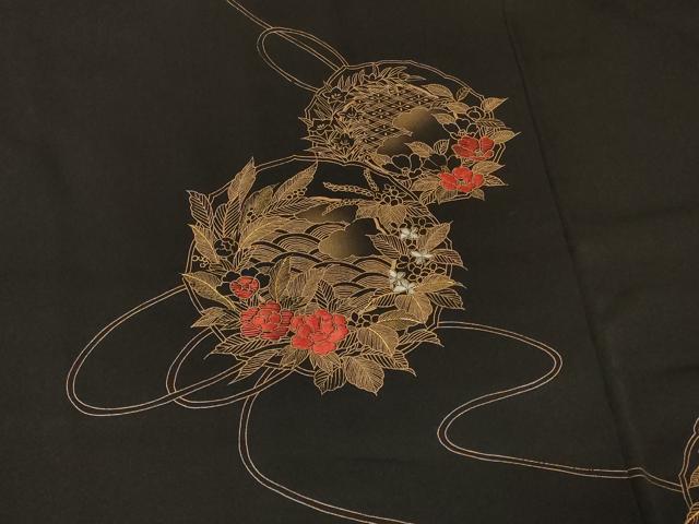 平和屋着物＃羽織　駒刺繍　鏡裏草花文　黒地　金彩　正絹　逸品　未使用　CABF1515in