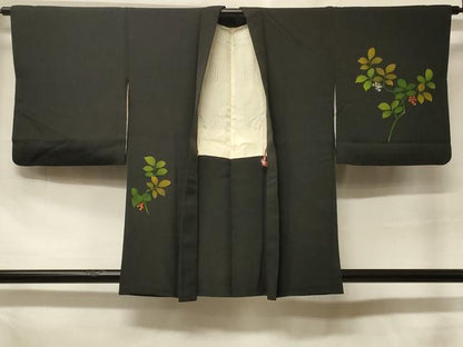 平和屋着物＃羽織　南天文　黒地　正絹　逸品　CABF1527in