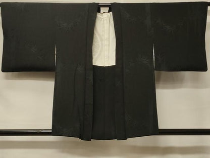 平和屋着物＃羽織　笹竹文　黒地　正絹　逸品　CABF1529in