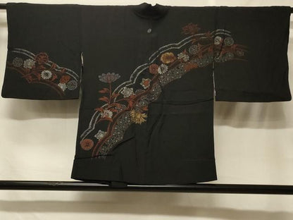 平和屋着物＃羽織　寿光織　草花文　黒地　金銀糸　正絹　逸品　CABF1537in