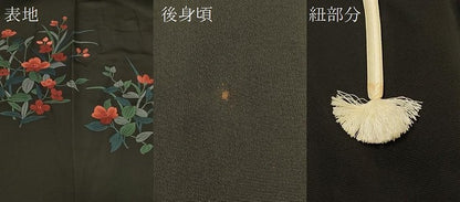 平和屋着物＃羽織　手描き　刺繍　草花文　黒地　正絹　逸品　CABF1539in