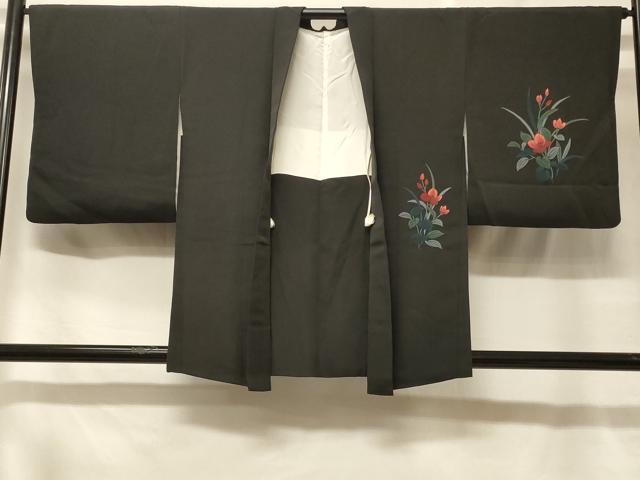 平和屋着物＃羽織　手描き　刺繍　草花文　黒地　正絹　逸品　CABF1539in
