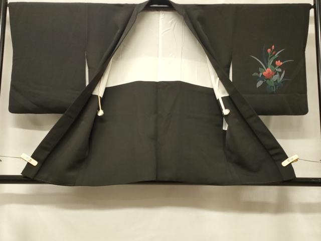 平和屋着物＃羽織　手描き　刺繍　草花文　黒地　正絹　逸品　CABF1539in