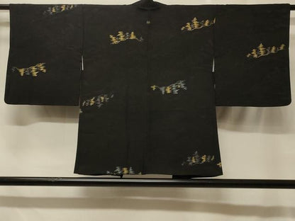平和屋着物＃羽織　寿光織　枝花文　黒地　金銀糸　正絹　逸品　CABF1545in