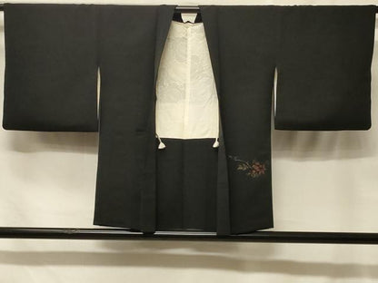 平和屋着物＃羽織　寿光織　枝花文　黒地　金糸　正絹　逸品　CABF1546in