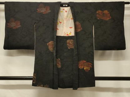 平和屋着物＃羽織　寿光織　茶器　黒地　金銀糸　正絹　逸品　CABF1548in