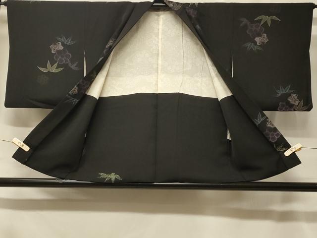 平和屋着物＃羽織 寿光織 草花文 黒地 正絹 逸品 CABF1557in