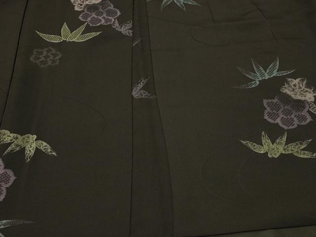 平和屋着物＃羽織 寿光織 草花文 黒地 正絹 逸品 CABF1557in