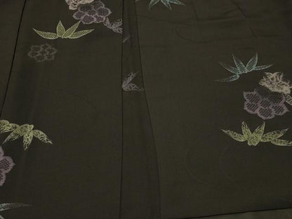 平和屋着物＃羽織　寿光織　草花文　黒地　正絹　逸品　CABF1557in