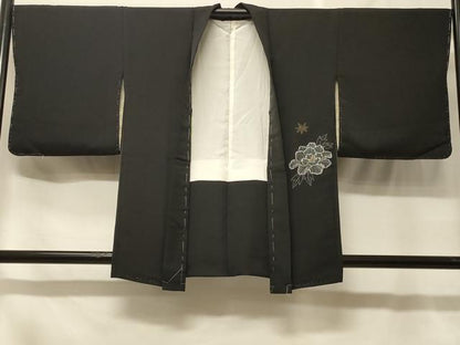 平和屋着物＃羽織　草花文　黒地　金彩　正絹　逸品　未使用　CABF1560in