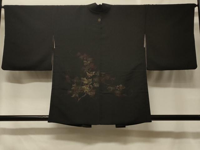 平和屋着物＃羽織　寿光織　枝葉文　黒地　金糸　正絹　逸品　CABF1562in