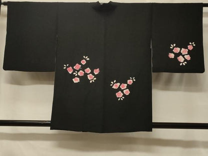 平和屋着物＃羽織　絞り　草花文　黒地　正絹　逸品　CABF1569in