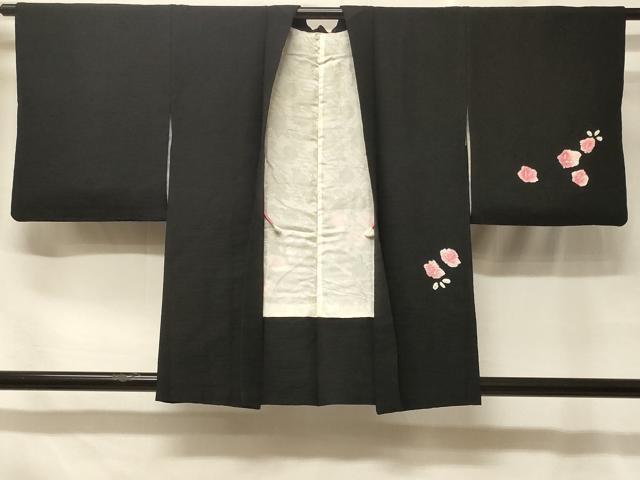 平和屋着物＃羽織　絞り　草花文　黒地　正絹　逸品　CABF1569in