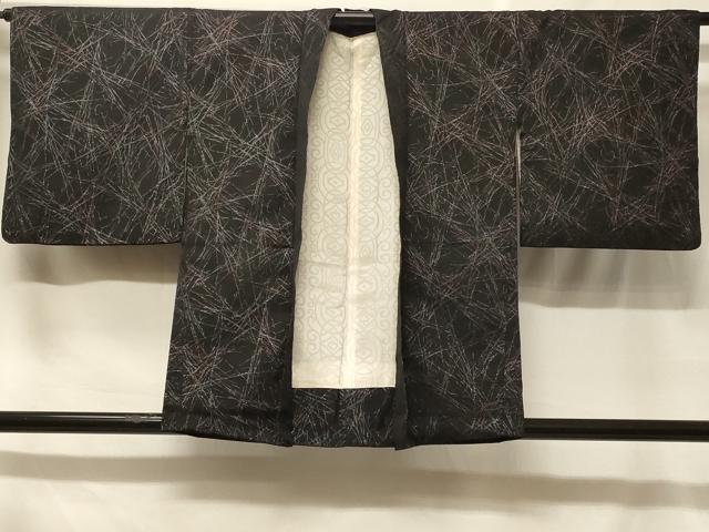 平和屋着物＃羽織　寿光織　幾何学文様　黒地　正絹　逸品　CABF1575in