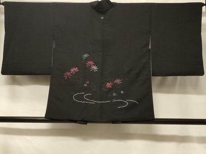 平和屋着物＃羽織　刺繍　枝花文　黒地　正絹　逸品　CABF1576in