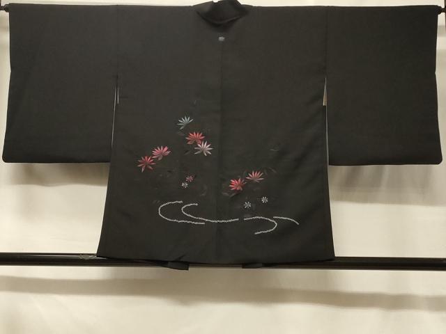 平和屋着物＃羽織　刺繍　枝花文　黒地　正絹　逸品　CABF1576in