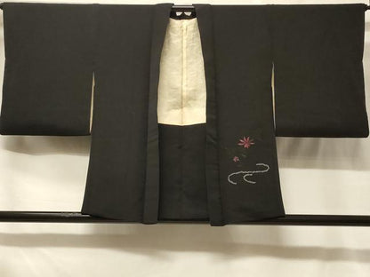 平和屋着物＃羽織　刺繍　枝花文　黒地　正絹　逸品　CABF1576in