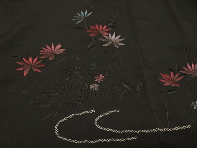 平和屋着物＃羽織　刺繍　枝花文　黒地　正絹　逸品　CABF1576in