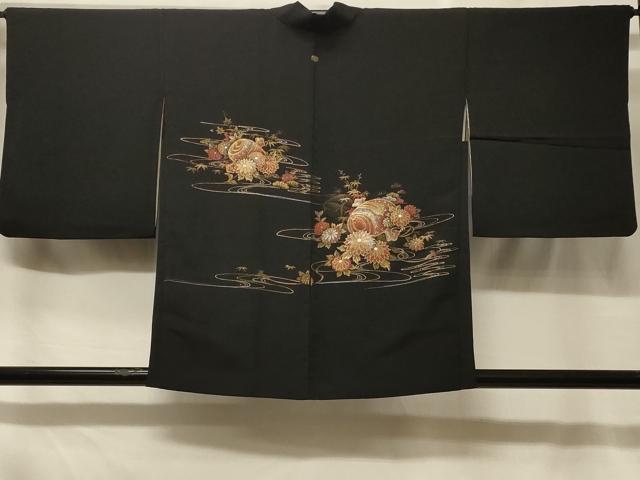 平和屋着物＃羽織　寿光織　流水花文　打ち出の小槌　黒地　金銀糸　正絹　逸品　CABF1578in