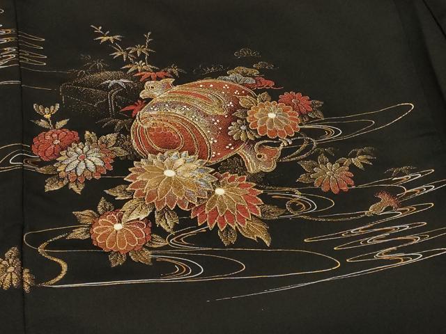 平和屋着物＃羽織　寿光織　流水花文　打ち出の小槌　黒地　金銀糸　正絹　逸品　CABF1578in