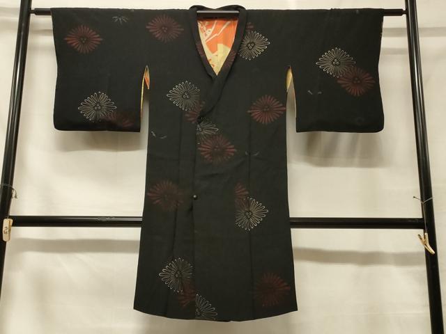 平和屋着物＃道中着　花菱文　黒地　ロング丈　正絹　逸品　CABF1582in