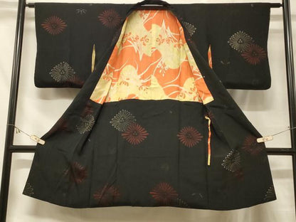 平和屋着物＃道中着　花菱文　黒地　ロング丈　正絹　逸品　CABF1582in