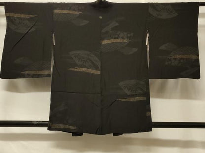 平和屋着物＃羽織　扇面草花文　黒地　金糸　正絹　逸品　CABF1590in