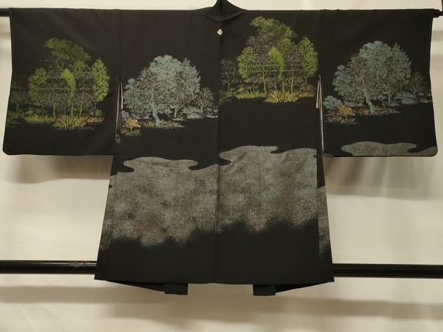 平和屋着物＃羽織　寿光織　霞草木文　黒地　金銀糸　正絹　逸品　CABF1600in