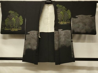 平和屋着物＃羽織　寿光織　霞草木文　黒地　金銀糸　正絹　逸品　CABF1600in