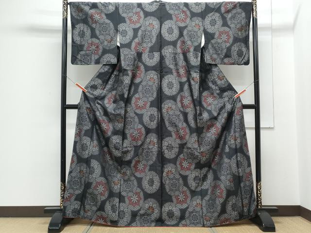 平和屋着物■本場大島紬　片輪車花文　正絹　逸品　CABF1686th