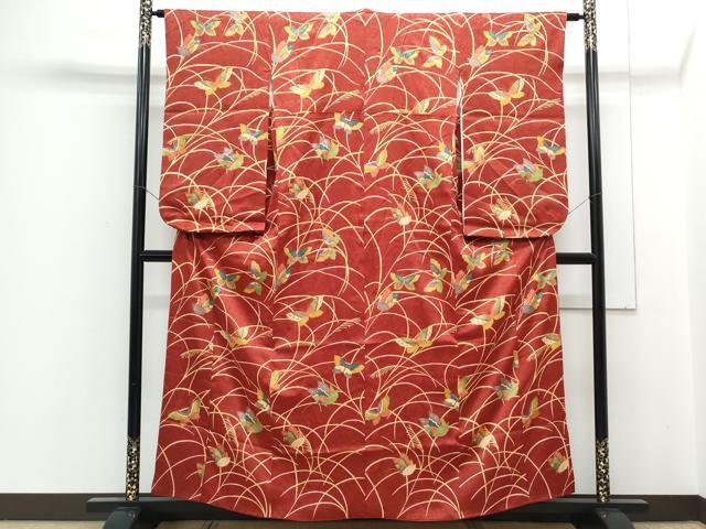 平和屋着物■小振袖　二尺袖　芝草舞蝶文　金彩　正絹　逸品　CABF1689th
