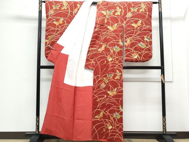 平和屋着物■小振袖　二尺袖　芝草舞蝶文　金彩　正絹　逸品　CABF1689th
