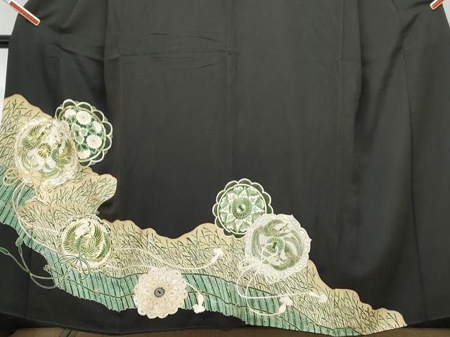 平和屋着物●豪華黒留袖　友禅　駒刺繍　鏡裏鳳凰花文　金彩　正絹　逸品　AABF3621ck 平和屋着物□豪華黒留袖 駒刺繍 鏡裏鳳凰花文 金彩 正絹