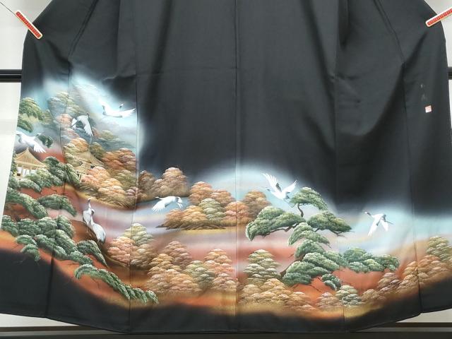 平和屋着物●豪華黒留袖　友禅　作家物　風景松文　暈し染め　金彩　正絹　逸品　AABH0650fy 平和屋着物□豪華黒留袖 作家物 飛鶴風景文 暈し染め