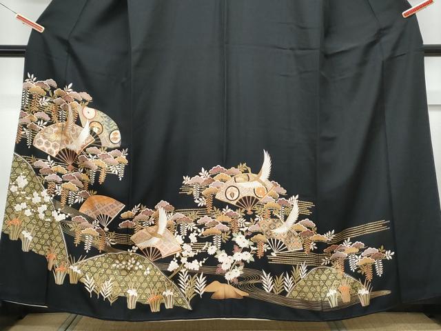 平和屋着物■豪華黒留袖　駒刺繍　扇面飛鶴花文　金彩　正絹　逸品　CABF1701th