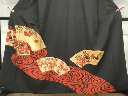 平和屋着物■豪華黒留袖 刺繍 地紙鴛鴦花文 金彩 正絹 逸品 CABF1712th