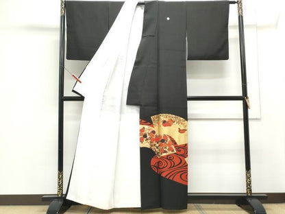 平和屋着物■豪華黒留袖 刺繍 地紙鴛鴦花文 金彩 正絹 逸品 CABF1712th