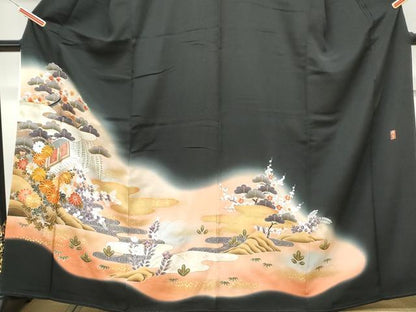 平和屋着物■豪華黒留袖 駒刺繍 風景花文 暈し染め 金彩 正絹 逸品 CABF1714th