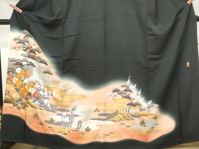 平和屋着物■豪華黒留袖 駒刺繍 風景花文 暈し染め 金彩 正絹 逸品 CABF1714th