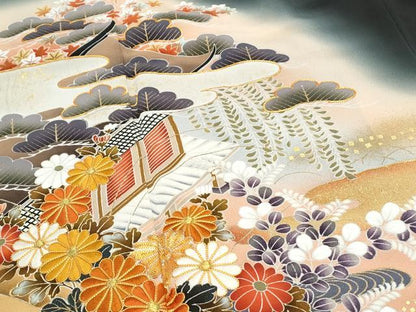 平和屋着物■豪華黒留袖 駒刺繍 風景花文 暈し染め 金彩 正絹 逸品 CABF1714th