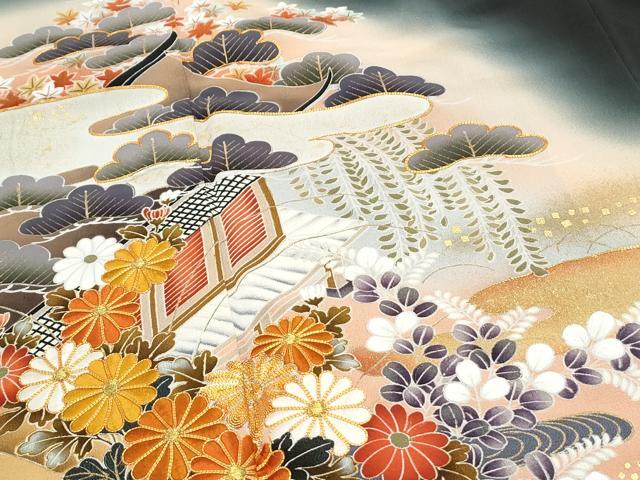 平和屋着物■豪華黒留袖 駒刺繍 風景花文 暈し染め 金彩 正絹 逸品 CABF1714th