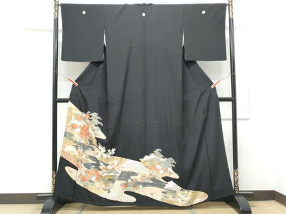 平和屋着物■豪華黒留袖 扇面風景花文 金彩 正絹 逸品 CABF1717th