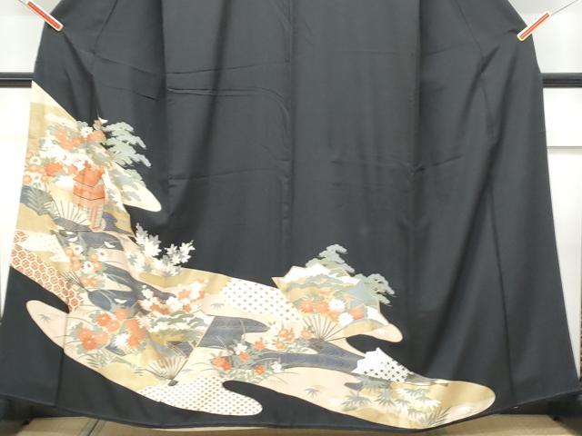 平和屋着物■豪華黒留袖 扇面風景花文 金彩 正絹 逸品 CABF1717th