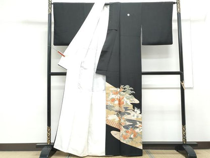 平和屋着物■豪華黒留袖 扇面風景花文 金彩 正絹 逸品 CABF1717th