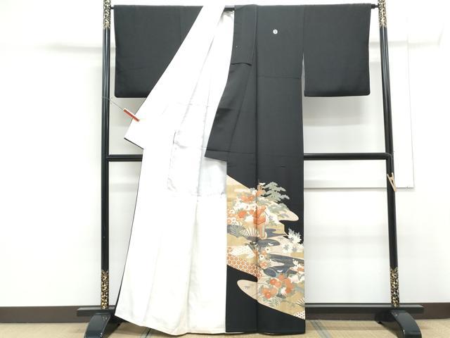 平和屋着物■豪華黒留袖 扇面風景花文 金彩 正絹 逸品 CABF1717th