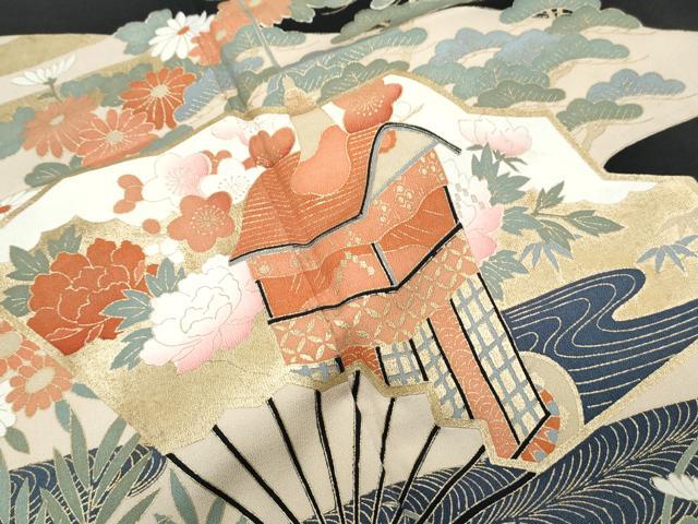 平和屋着物■豪華黒留袖 扇面風景花文 金彩 正絹 逸品 CABF1717th